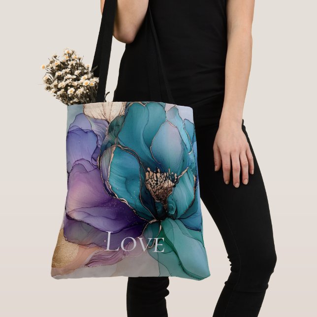 Bolsa Tote Bonito Aqua Azul Roxo Dourado Amor Floral (Close Up)