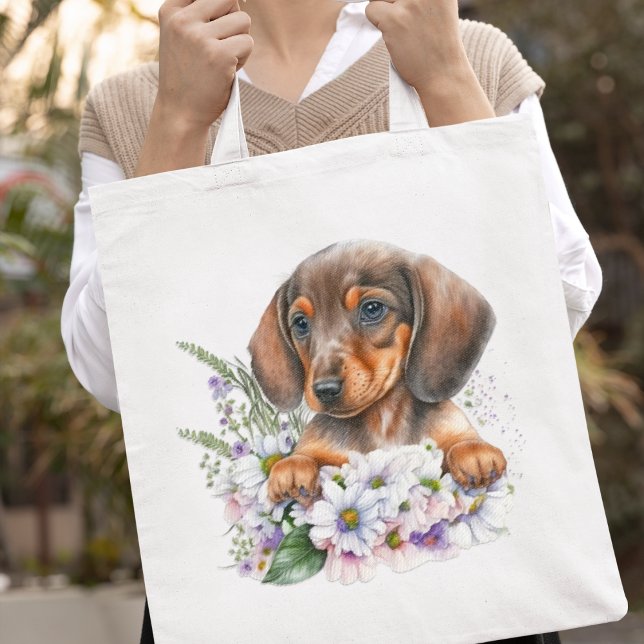 Bolsa Tote Bonito Aquarela Dachshund Puppy Floral (Adorable!
)