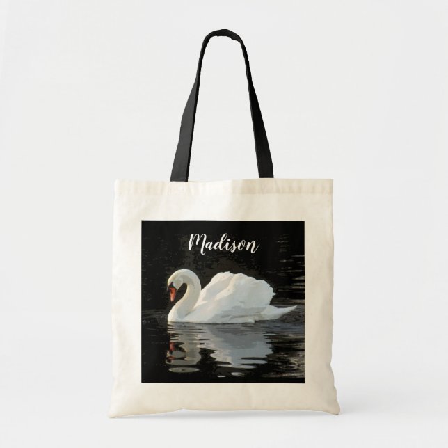 Bolsa Tote Bonito cisne branco, reflexões, seu nome (Frente)