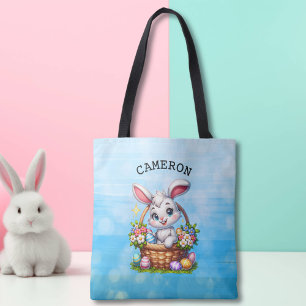 Bolsa Tote Bonito coelho da Páscoa de Cartoon em um cesto per