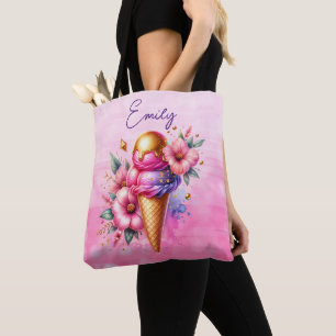 Bolsa Tote Bonito cor-de-rosa e Sorvete Dourado Cone Floral
