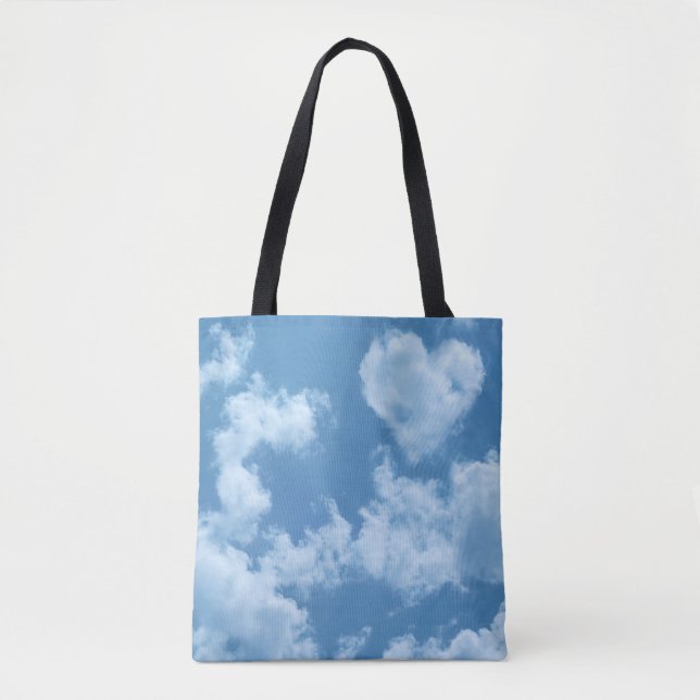 Bolsa Tote Bonito Coração Moldou Nuvem no Céu Azul Feliz (Frente)