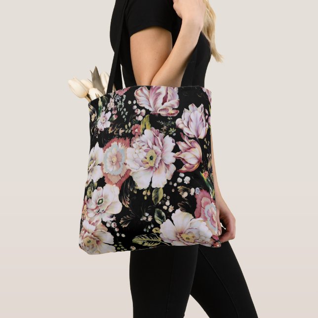 Bolsa Tote bonito e elegante floral preto-rosa-chic (Close Up)