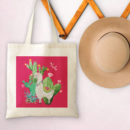 Bolsa Tote Bonito Lama no Jardim Cactus com Flores Rosa