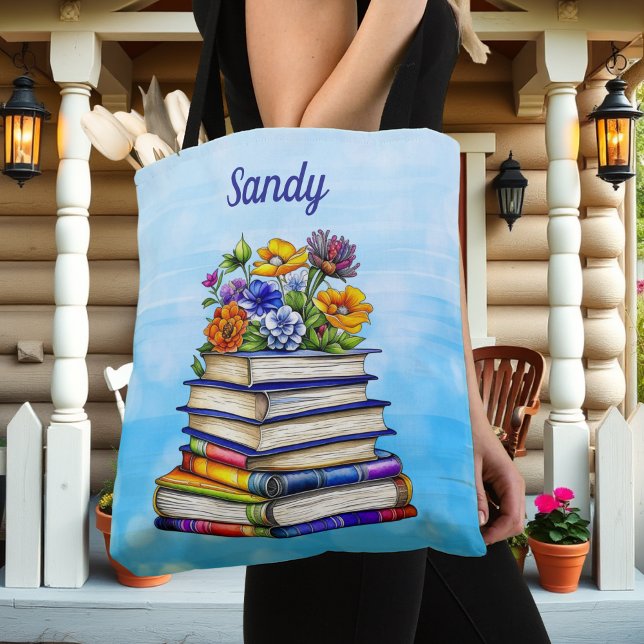 Bolsa Tote Bonito Livros e Flores Personalizados (Criador carregado)