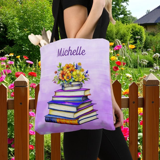 Bolsa Tote Bonito Livros e Flores Personalizados (Criador carregado)