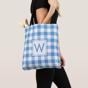 Bolsa Tote Bonito Monograma Azul Claro Padrão de Gingham Bran