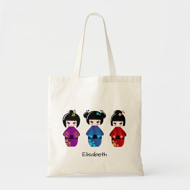 Bolsa Tote Bonito nome de desenho animado de bonecas kokeshi (Frente)