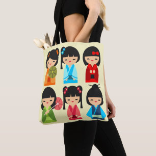 Bolsa Tote Bonito padrão de bonecas Kokeshi japonês