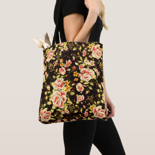 Bolsa Tote Bonito padrão floral rosa-rosa, flores amarelas
