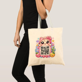Bolsa Tote Bonito Personagem de Código QR Rosa Kawaii Floral