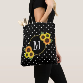 Bolsa Tote Bonito Preto Vintage Girassóis Bolinhas Monograma