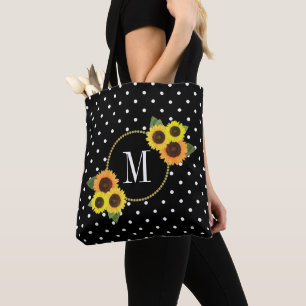 Bolsa Tote Bonito Preto Vintage Girassóis Bolinhas Monograma