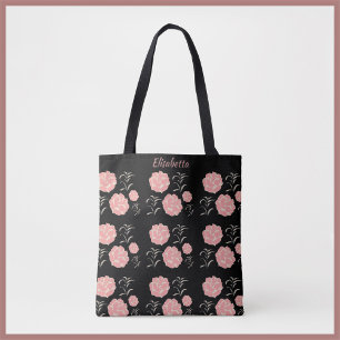 Bolsa Tote Bonito Rosas Rosa Grandes com Folhagem a Preto