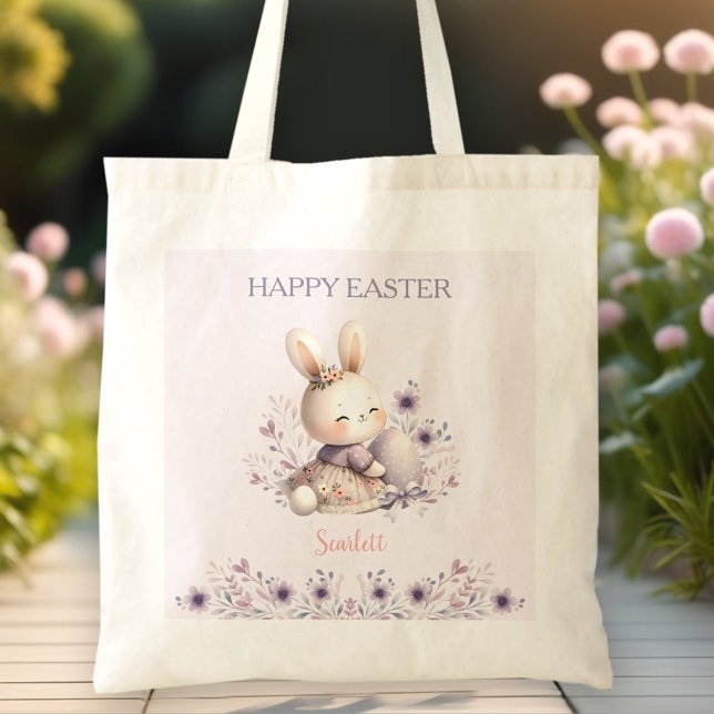 Bolsa Tote Bonito Roxo Roxo Nome Floral Ovo Páscoa (Cute Bunny Purple Floral Name Egg Hunt Easter Tote Bag)