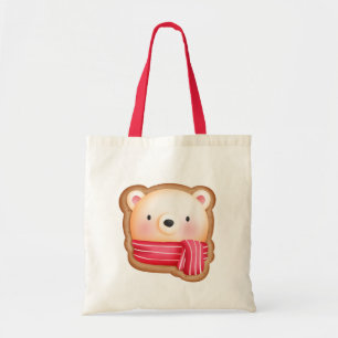 Bolsa Tote Bonito Urso Rosto num Biscoito de Natal Vermelho