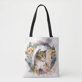 BOLSA TOTE BONITO WATERCOLOR CALICO KITTEN COM FLORAÇÃO