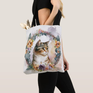 BOLSA TOTE BONITO WATERCOLOR CALICO KITTEN COM FLORAÇÃO