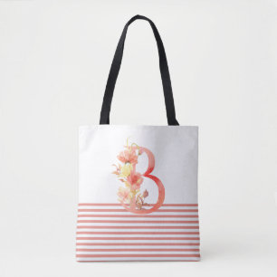 Bolsa Tote Bonito Watercolor Floral - Letra "B" - Tinta Rosa