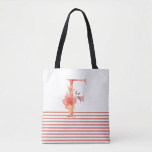 Bolsa Tote Bonito Watercolor Floral - Letra "F" - Tinta Rosa