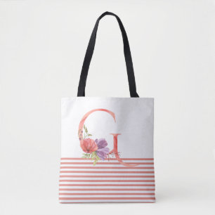 Bolsa Tote Bonito Watercolor Floral - Letra "G" - Tinta Rosa