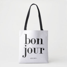 Bolsa Tote Bonjour preto e branco chique parisiense