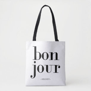 Bolsa Tote Bonjour preto e branco chique parisiense