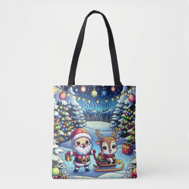 Bolsa Tote Bons Papais noeis de Cartoons e Natal para Reindee (Frente)