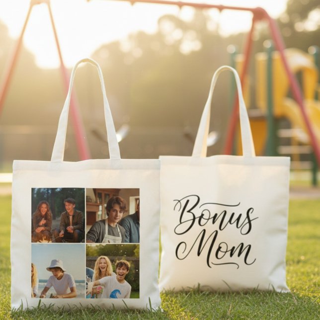 Bolsa Tote Bonus Mom Elegant Cursive Four Photo (Criador carregado)