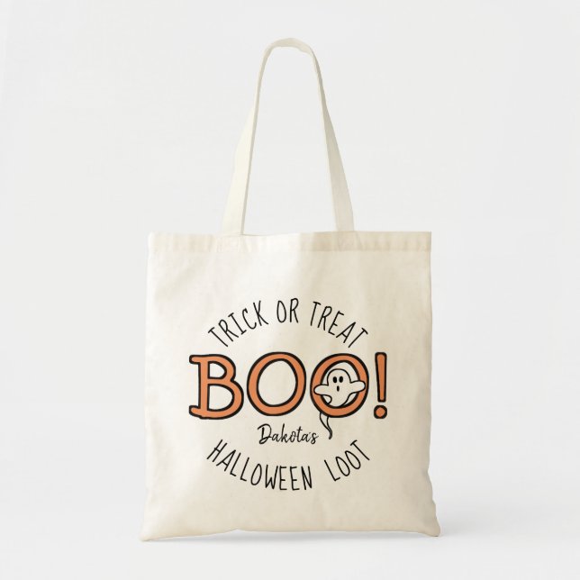 Bolsa Tote BOO! Ghost Kids Bonitos Nome Trick Halloween ou Tr (Frente)