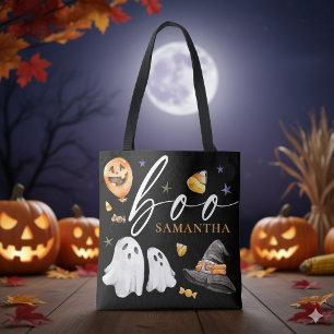 Bolsa Tote Boo Halloween Watercolor Trick ou Treine Black