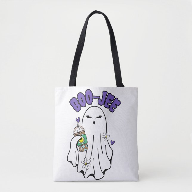 Bolsa Tote Boo-Jee Cute halloween Ghost com café gelado (Frente)