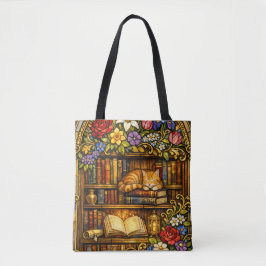 Bolsa Tote Book and Sleeping Cat Lovers Faux Stain Glass
