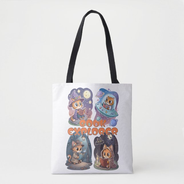 Bolsa Tote Book Explorer – Cute Cat Reading Adventure (Frente)