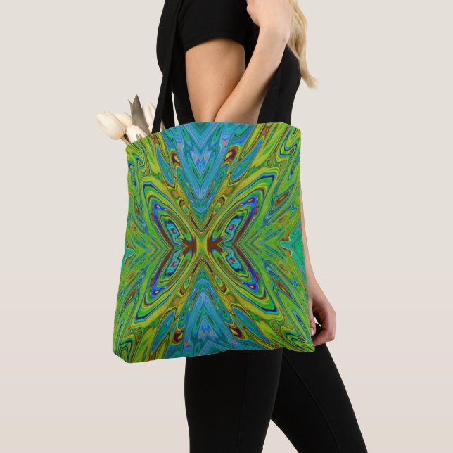 Bolsa Tote Borboleta Abstrata Chartreuse e Azul Trippy (Close Up)