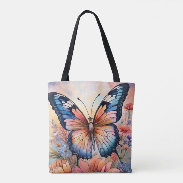 Bolsa Tote Borboleta Arco-íris em um Jardim de Flores (Verso)