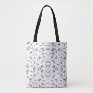 Bolsa Tote Borboleta Azul e Floral Rosa em Aquarela Vintage
