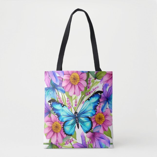 Bolsa Tote Borboleta Azul em Campo de Flores (Frente)