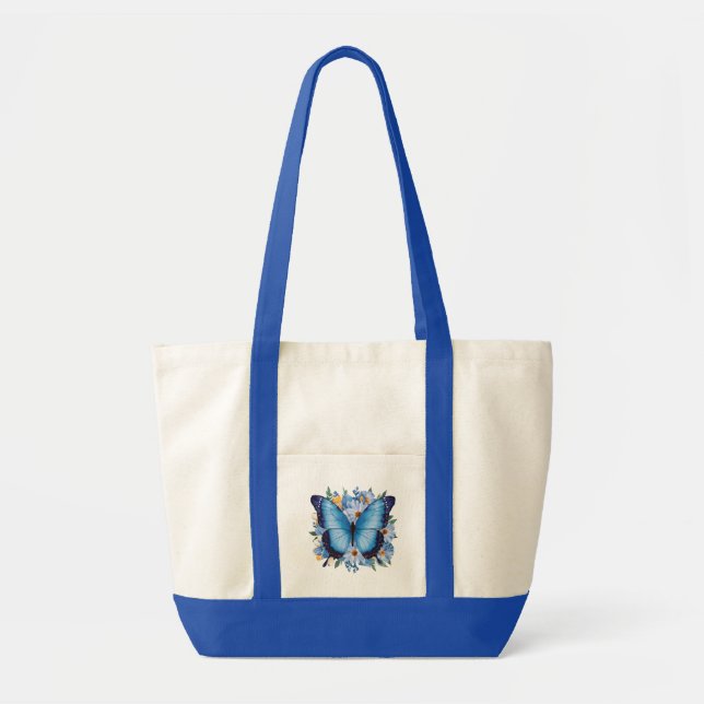 Bolsa Tote Borboleta Azul Graciosa em Floral (Frente)