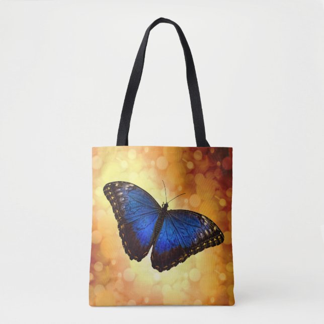 Bolsa Tote Borboleta Azul Morpho em Bokeh Dourado (Frente)