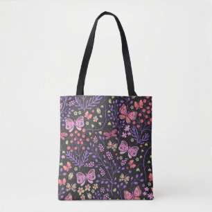 Bolsa Tote Borboleta Colorida E Flores Rosa