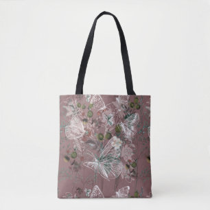 Bolsa Tote Borboleta cor-de-rosa empoeirada cor-de-rosa malva