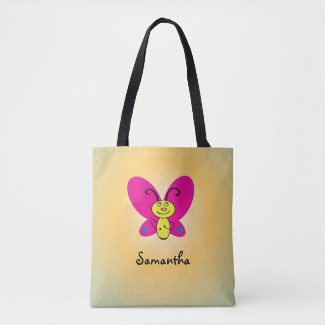 Bolsa Tote Borboleta de desenho animado com nome (Frente)