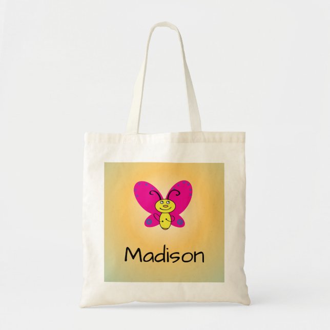 Bolsa Tote Borboleta de desenho sorridente com nome (Frente)