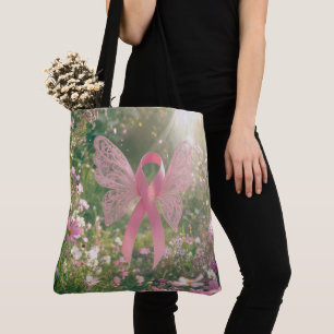 Bolsa Tote Borboleta de Fita Rosa em um Jardim