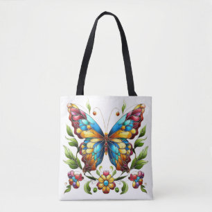 Bolsa Tote Borboleta de vidro colorida com flores