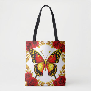 Bolsa Tote Borboleta Dourada Com Rosas Vermelhas E Folhas Dou