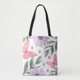 Bolsa Tote Borboleta E Flor Com Saco De Toque Natural