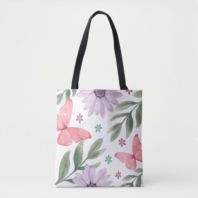 Bolsa Tote Borboleta E Flor Com Saco De Toque Natural (Frente)