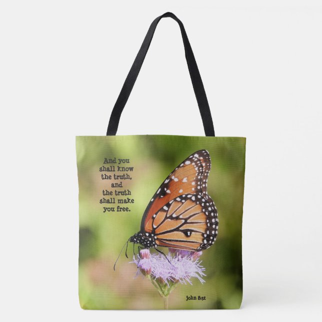 Bolsa Tote Borboleta em flor selvagem, com Verse (John 8:32) (Frente)